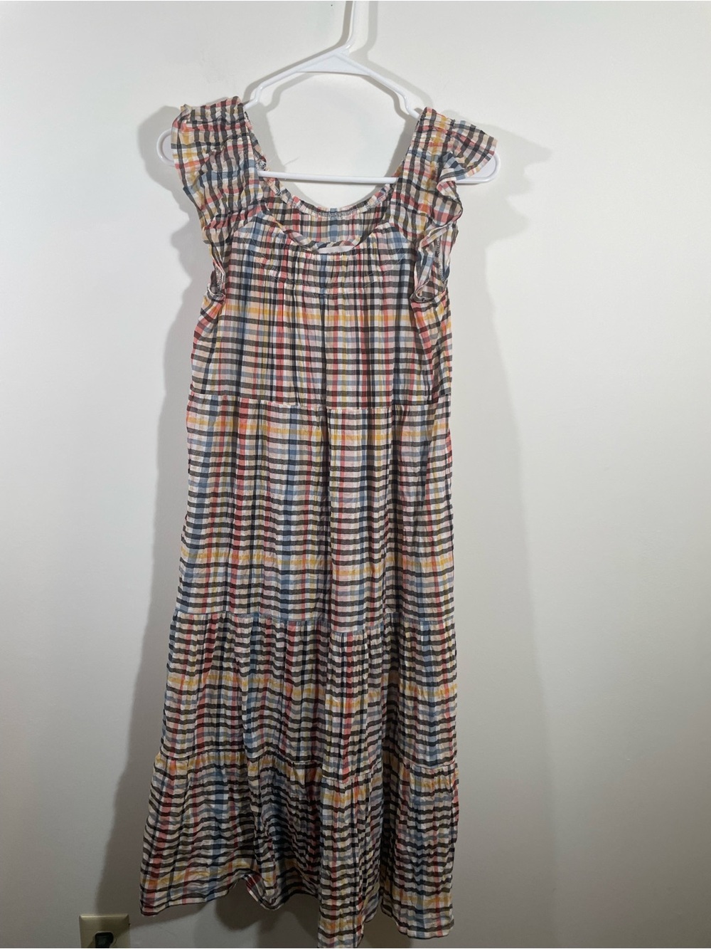 Loft multi plaid sundress ruched neckline ruffled sleeve S Petite